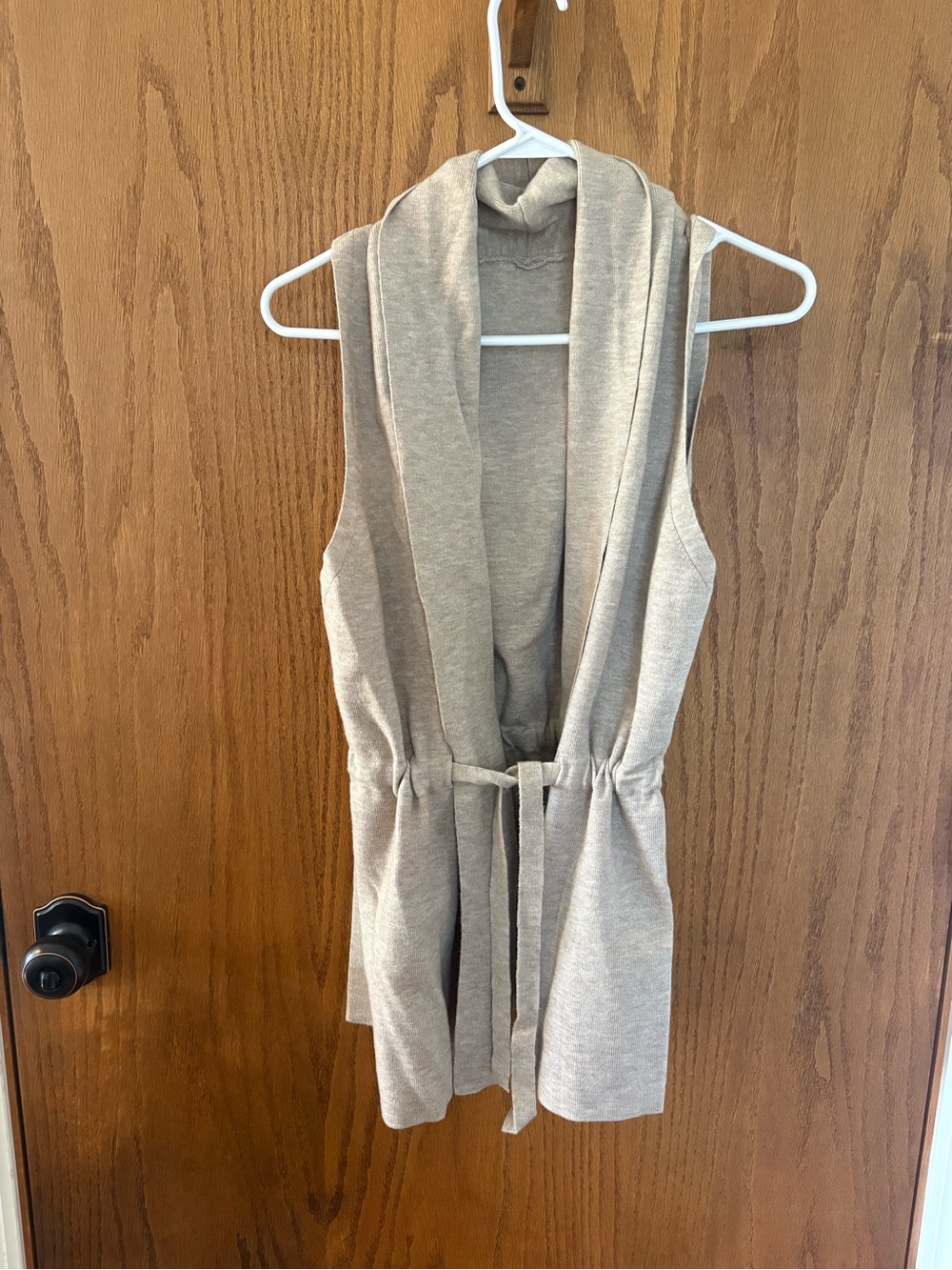 SHEIN Beige Sleeveless Open-Front Knit Cardigan with Tie Waist